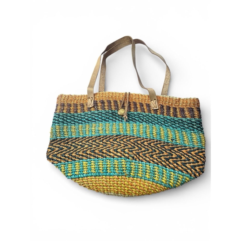 Woven Straw Tote Bag Multi Color Striped Boho Shoulder Bag Leather Straps Large - Picture 2 of 8
